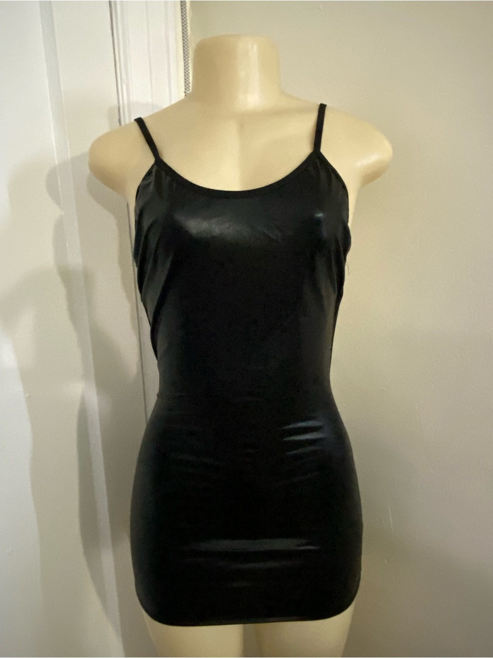 Shiny Black Mini Slip Dress with Double Straps
